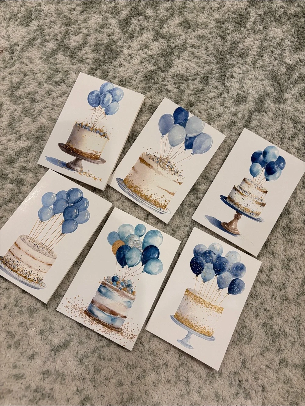 Blue Balloons Celebration Cakes Greeting Cards Set 6 NWT blank inside, variety
